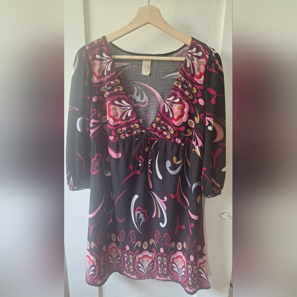 Rhapsody Y2K Black & Pink Swirl Floral Midi Dress – Size Small